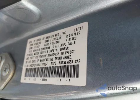 2011 Honda Accord 2.4 Lx from USA, damaged, VIN 1HGCP2F38BA151124
